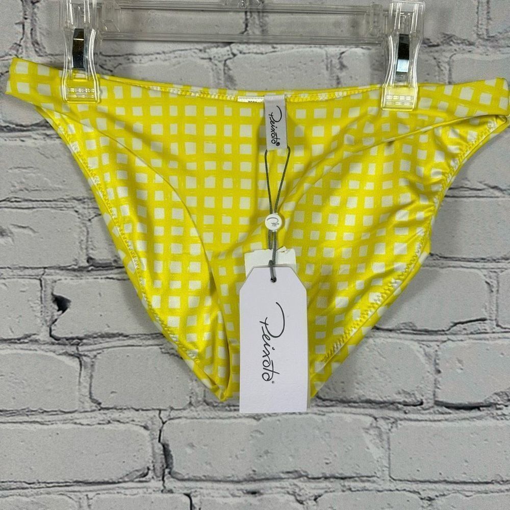Peixoto Women’s Swim Bikini Bottoms Yellow & White Checked High Cut Leg M NWT
